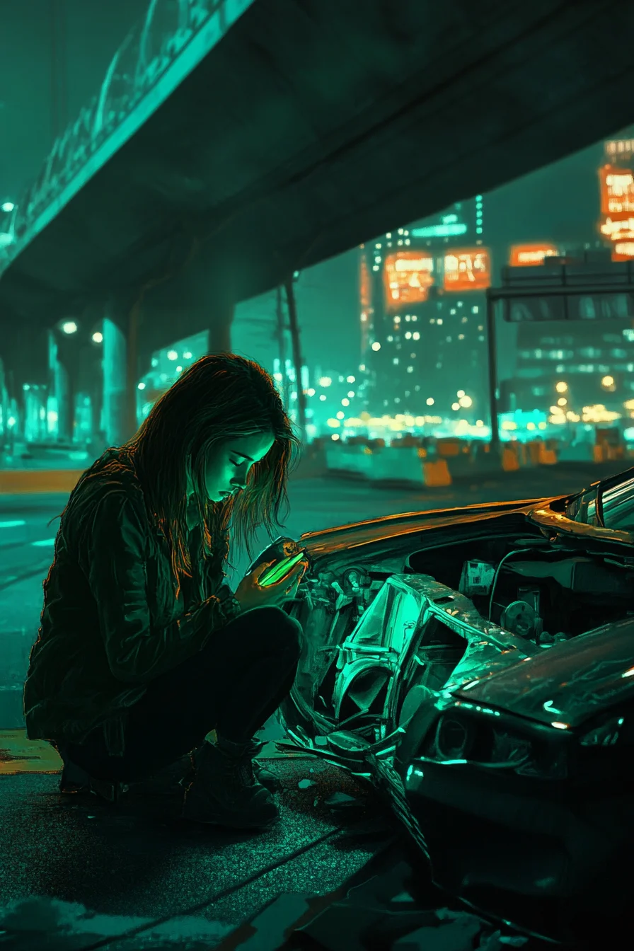 American woman beside broken-down car on elevated highway at night