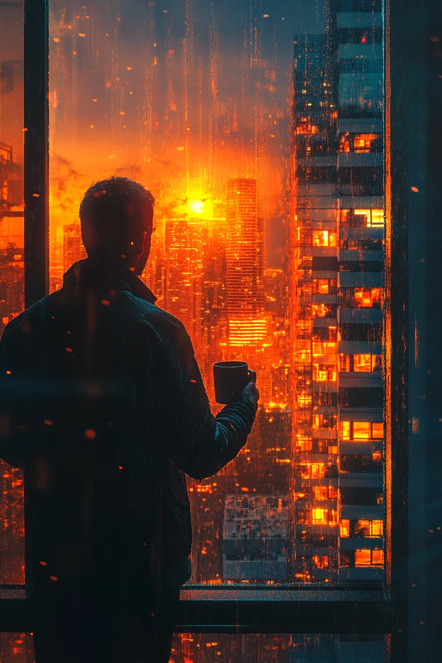 American man at sunrise window after storm passes &mdash; emergency resolved