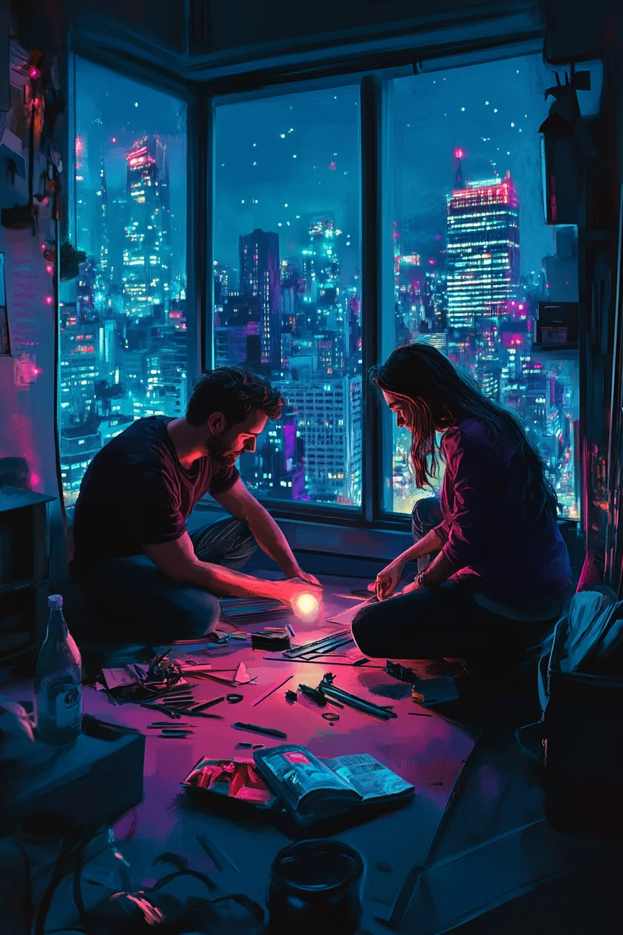 American couple assembling furniture together in industrial loft apartment