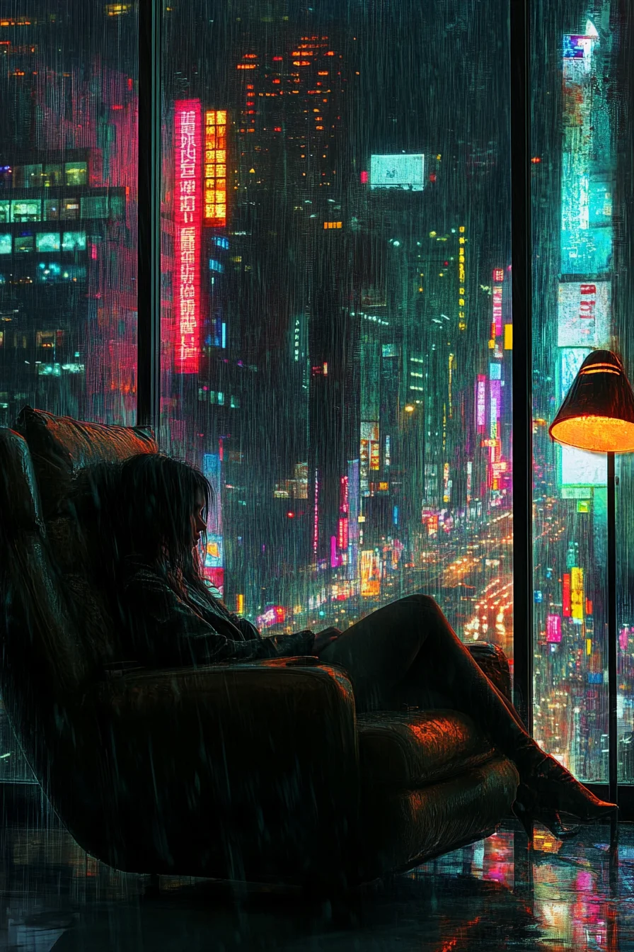 American woman reading in armchair beside rain-streaked window at night