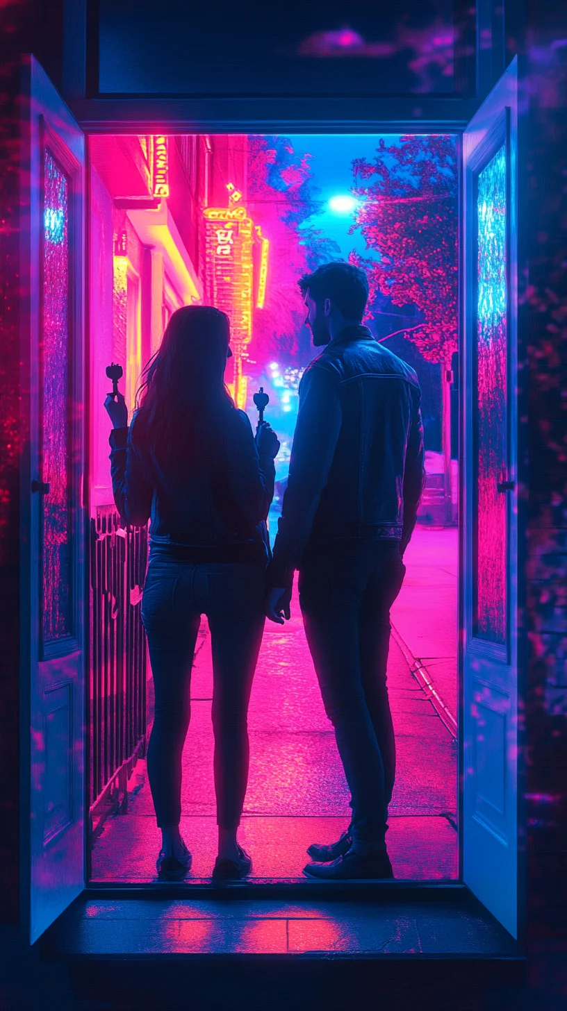 American couple standing at their new front door ready to move in
