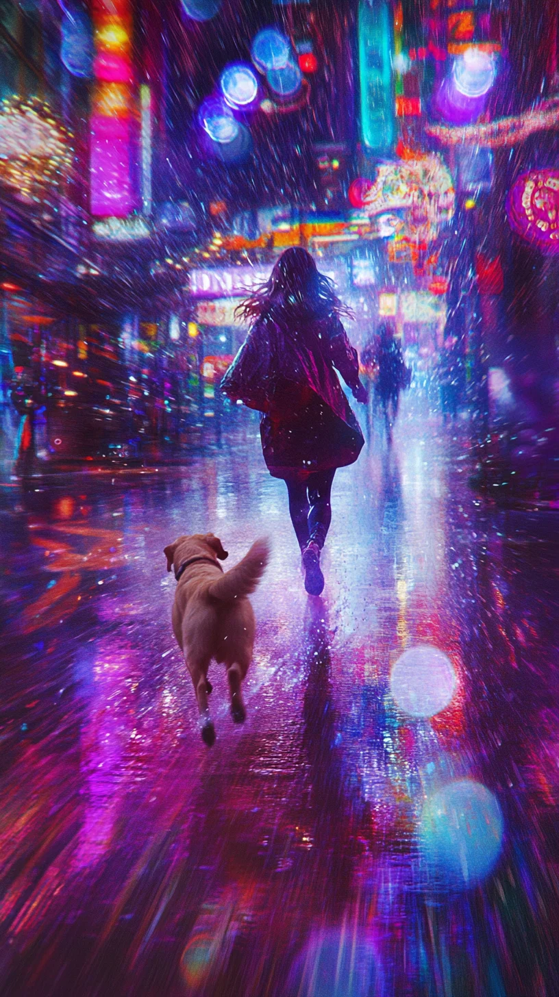 Pet loan — woman sprinting with dog in neon park