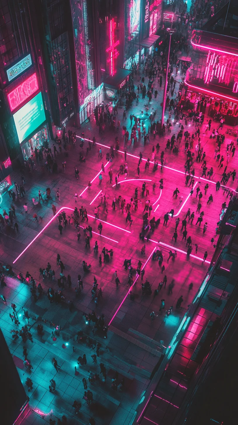 Diverse crowd on neon plaza — 40,000 cash central loan customers