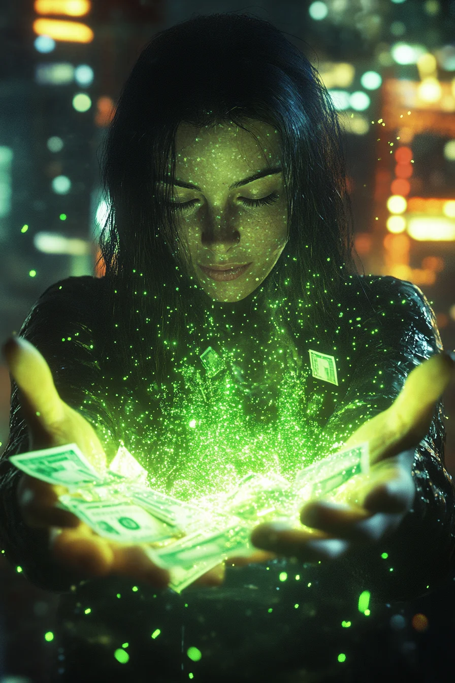 Woman releasing bills as green sparks — cash central financial freedom
