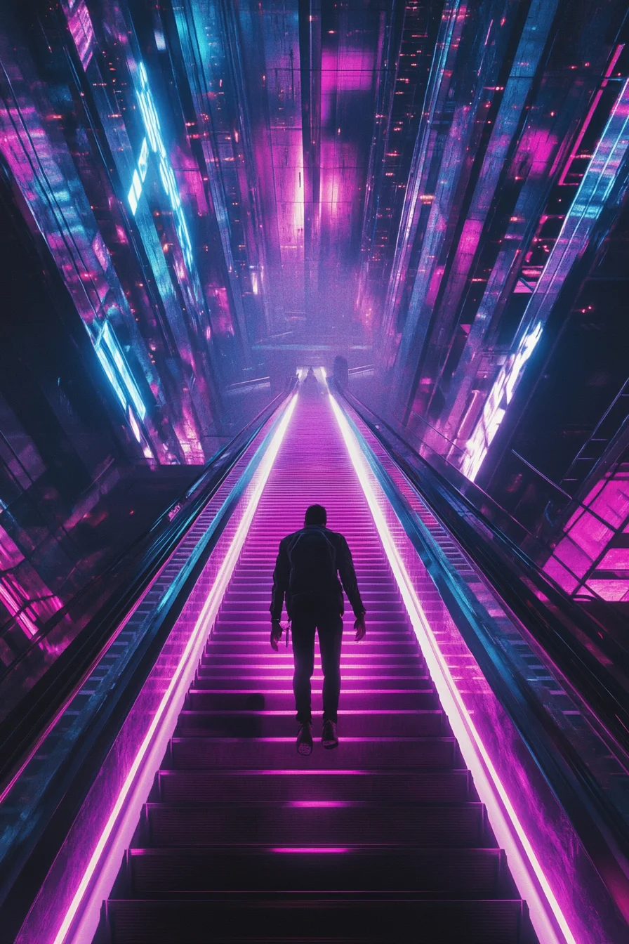 Man ascending neon staircase — cash central financial rise