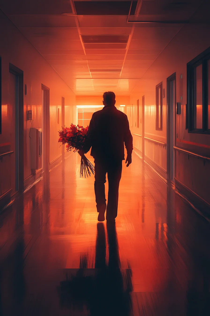 American man carrying flowers down hospital corridor toward room