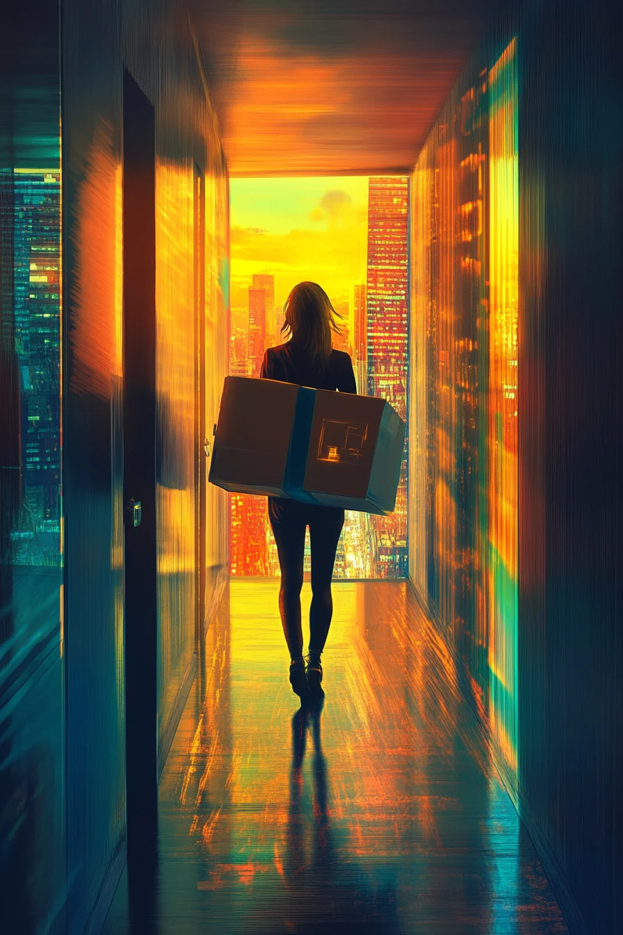 American woman carrying final box out of old apartment hallway