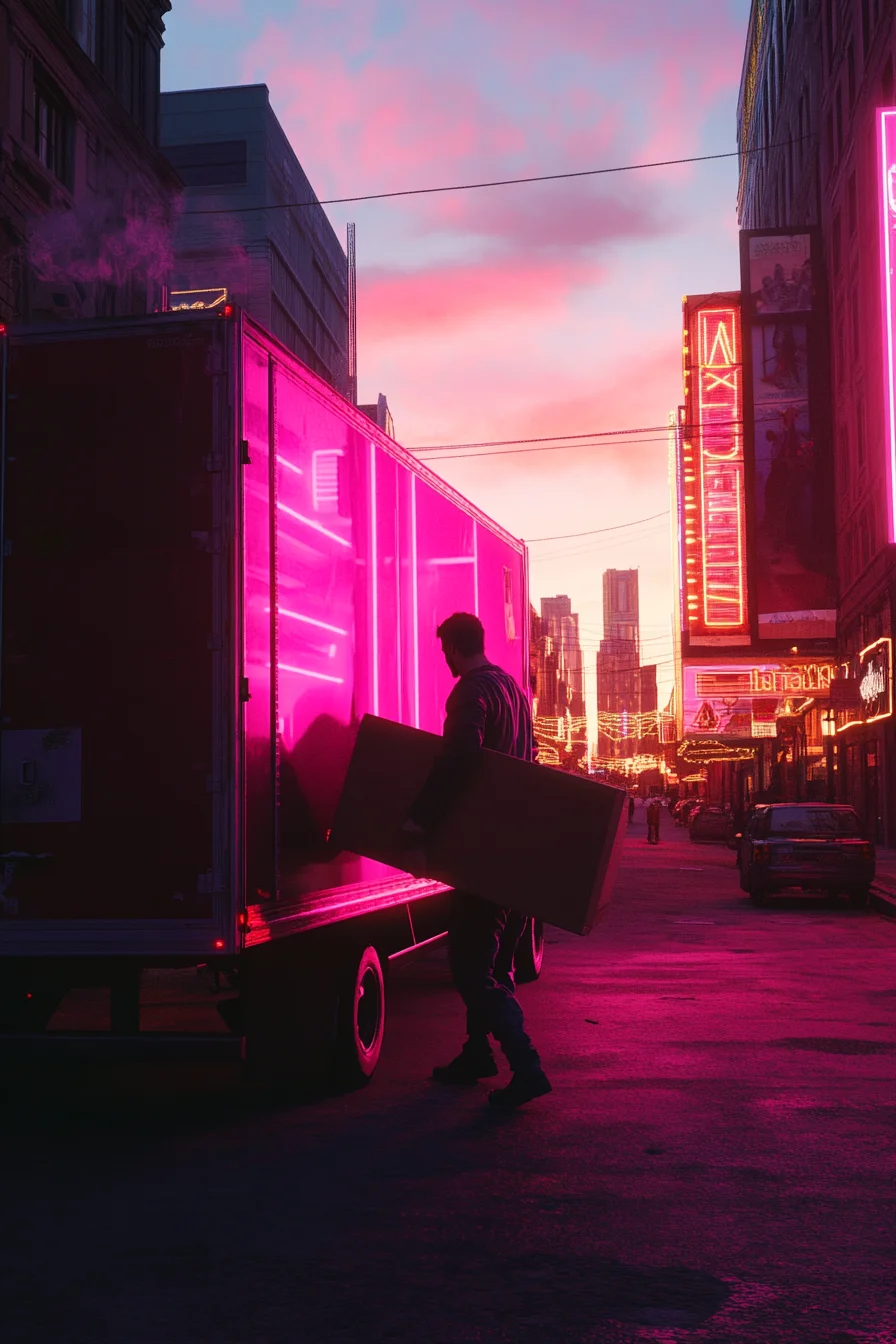 American man loading rental moving truck on residential street at dusk