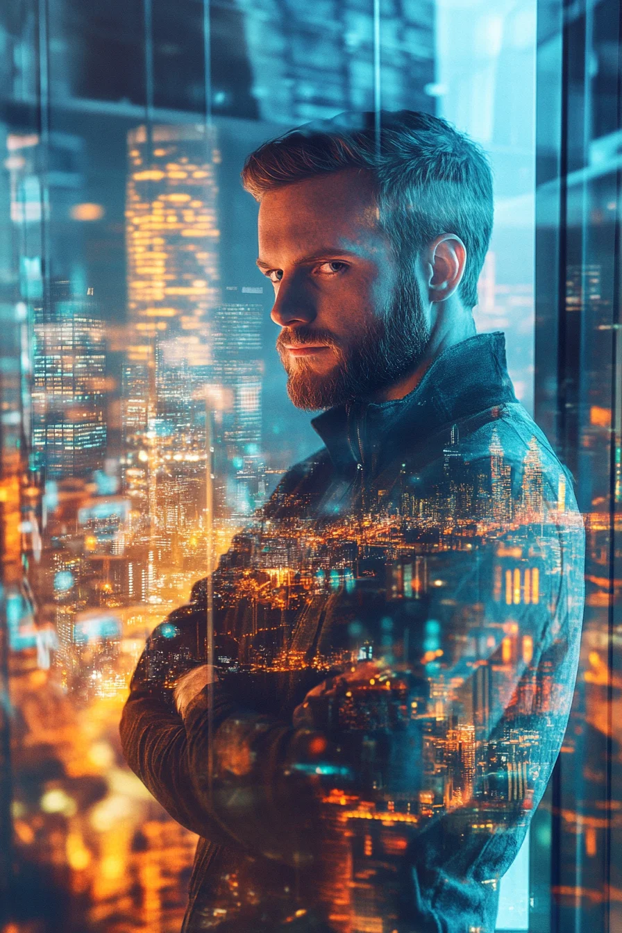 American man planning finances at panoramic office window above city skyline