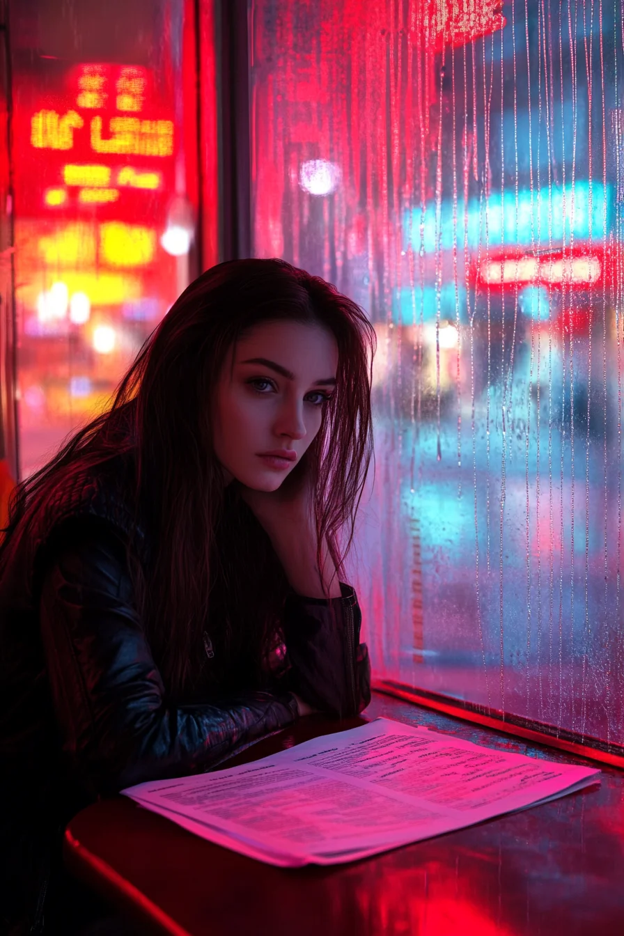 American woman at late-night diner window reviewing personal loan options