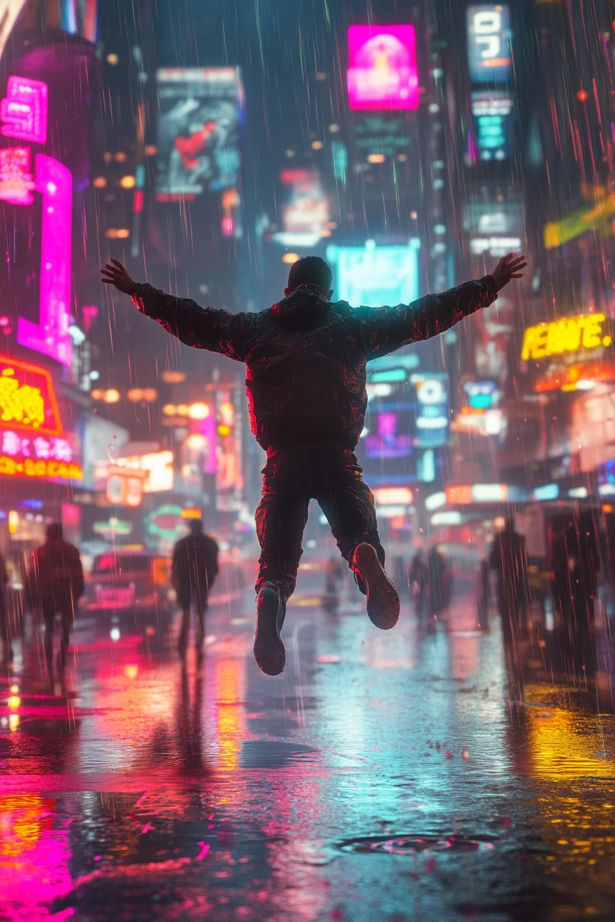 American man mid-leap above rain-soaked neon street celebrating loan payoff