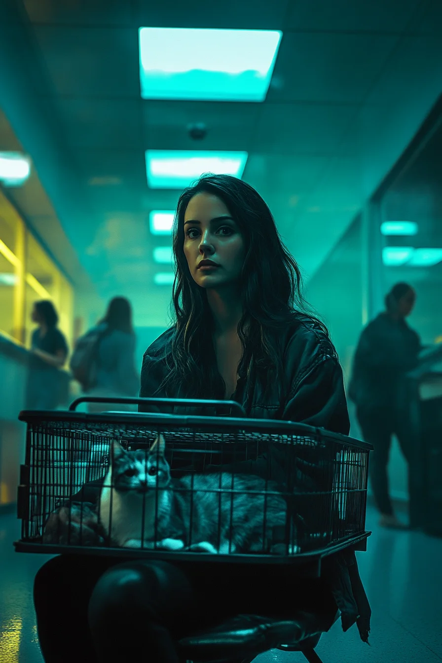 American woman seated in neon-lit veterinary waiting room with cat carrier