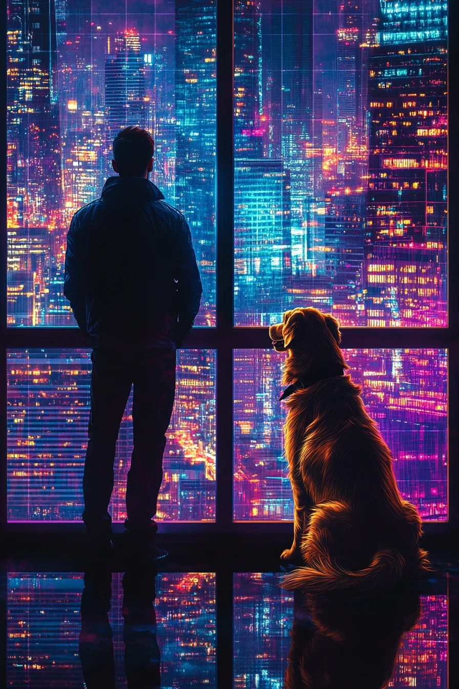 American man and golden retriever silhouetted at apartment window at dusk