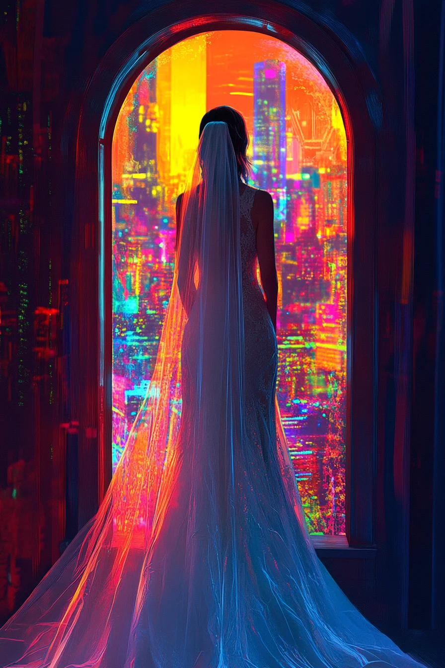 American bride at tall arched window with neon city glowing behind her